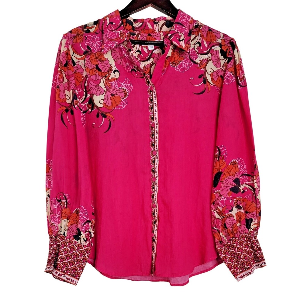 Chico's Womens Size 3 XL 16 Pink Paisley Button Up Blouse Balloon Sleeve Boho